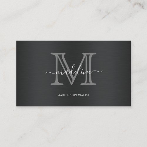 Modern Brushed Metal Black Gray Script Monogram Business Card