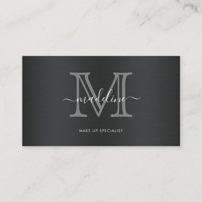 Modern Brushed Metal Black Gray Script Monogram Business Card (Front)