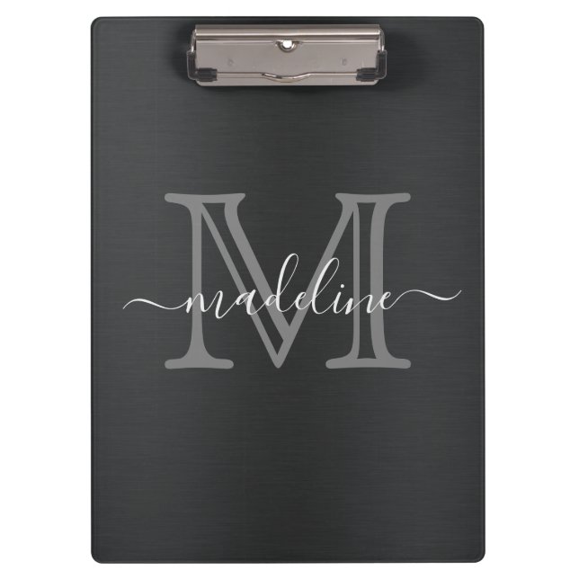 Modern Brushed Metal Black Gray Script Monogram Clipboard (Front)
