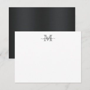 Modern Brushed Metal Black Gray Script Monogram Note Card