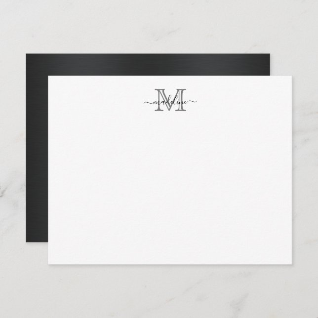 Modern Brushed Metal Black Gray Script Monogram Note Card (Front/Back)