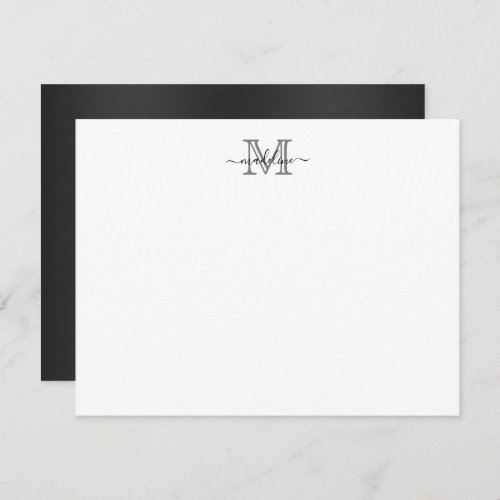 Modern Brushed Metal Black Gray Script Monogram Note Card