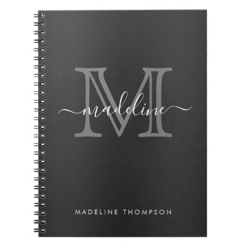 Modern Brushed Metal Black Gray Script Monogram Notebook