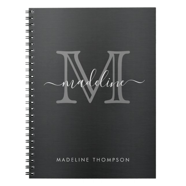 Modern Brushed Metal Black Gray Script Monogram Notebook (Front)