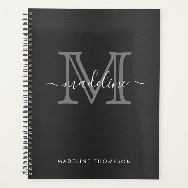 Modern Brushed Metal Black Gray Script Monogram Planner (Front)