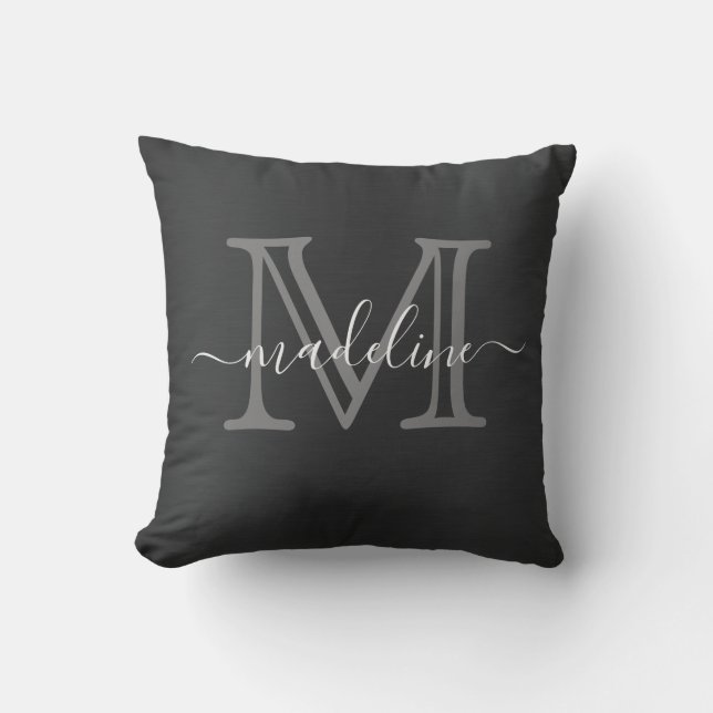 Modern Brushed Metal Black Gray Script Monogram Throw Pillow (Front)