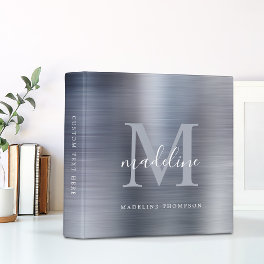 Modern Brushed Metal Black Silver Gray Monogram 3 Ring Binder