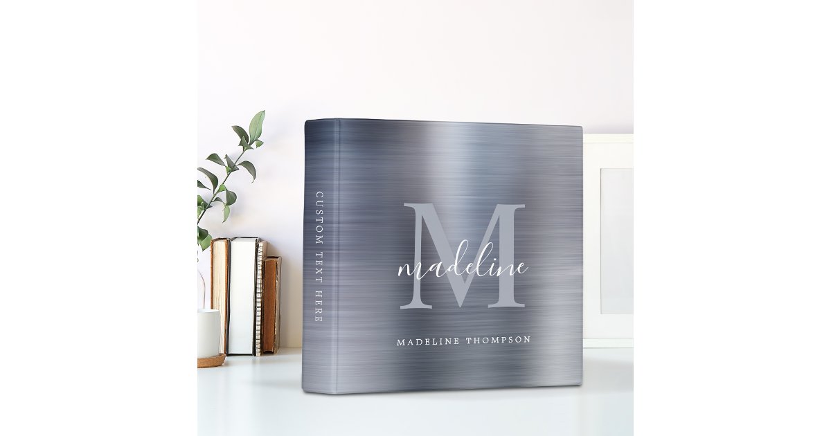 Modern Brushed Metal Black Silver Gray Monogram 3 Ring Binder | Zazzle
