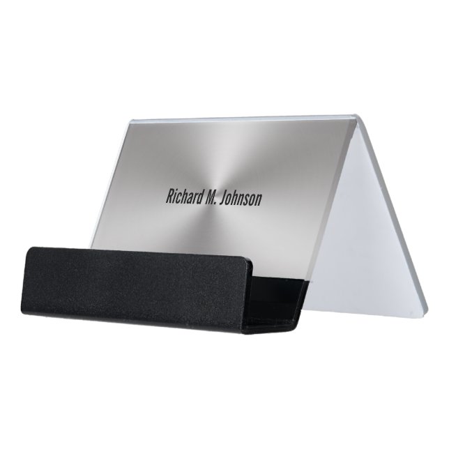 Modern Brushed Metal Look Black Text Name Desk Business Card Holder (Angled Front)