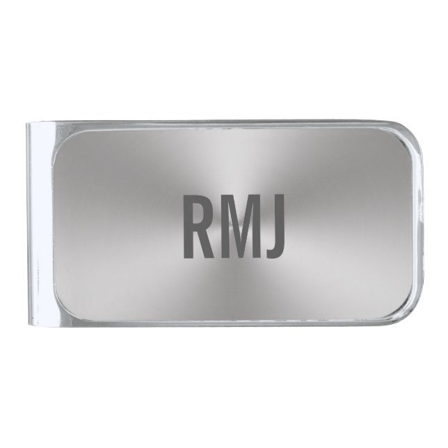Modern Brushed Metal Look Gray Monogram Silver Finish Money Clip (Front)