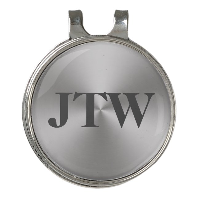 Modern Brushed Metal Look with Gray Monogram Golf Hat Clip (Front)