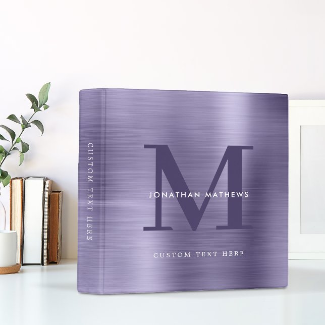 Modern Brushed Metal Midnight Purple Monogram 3 Ring Binder (Creator Uploaded)