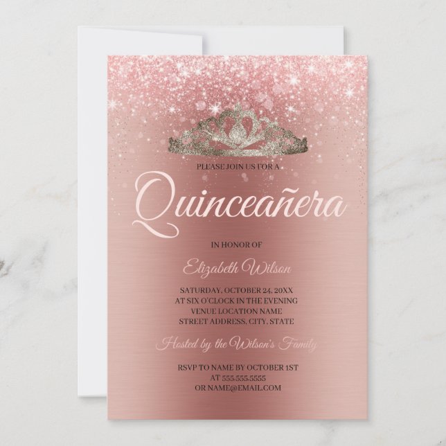 Modern Brushed Metal Rose Gold Glitter Quinceanera Invitation (Front)