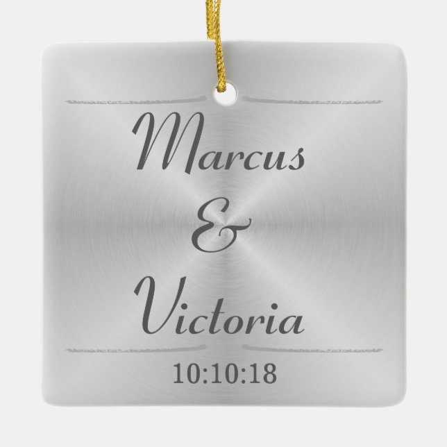 Modern Brushed Metal Wedding Ceramic Ornament (Front)