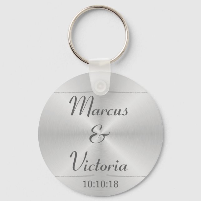 Modern Brushed Metal Wedding Keychain (Front)
