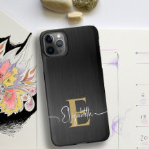 Modern Brushed Metallic Black Gold Monogram Script