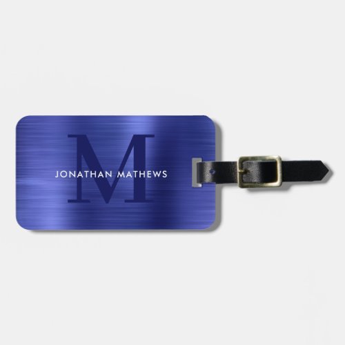 Modern Brushed Metallic Blue Monogram Luggage Tag