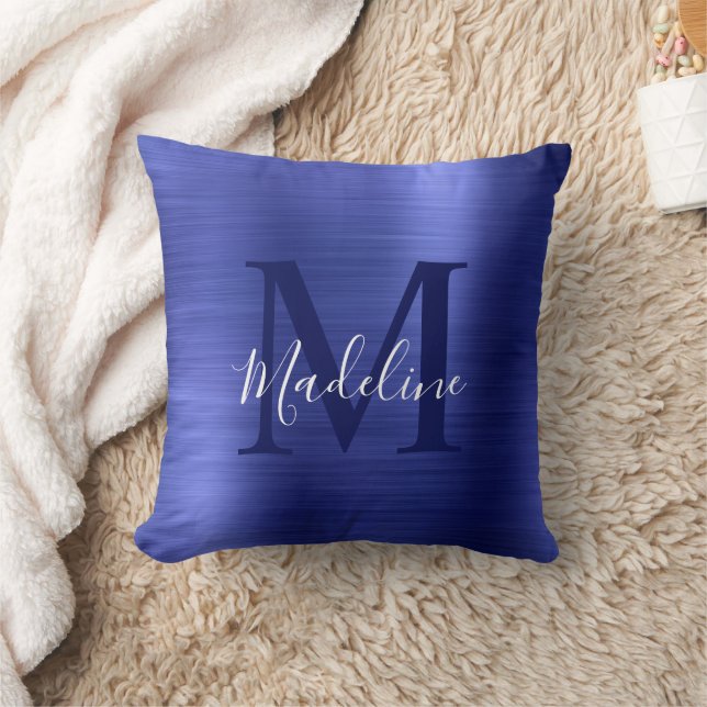Modern Brushed Metallic Blue Script Monogram Throw Pillow (Blanket)