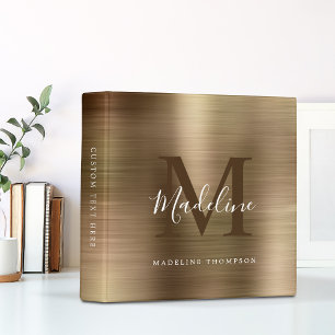 Modern Brushed Metallic Gold Monogram 3 Ring Binder