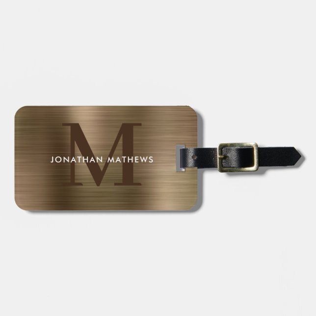 Modern Brushed Metallic Gold Monogram Luggage Tag (Front Horizontal)
