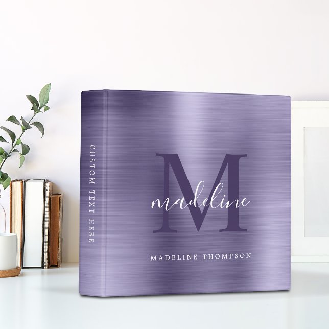 Modern Brushed Metallic Midnight Purple Monogram 3 Ring Binder (Creator Uploaded)