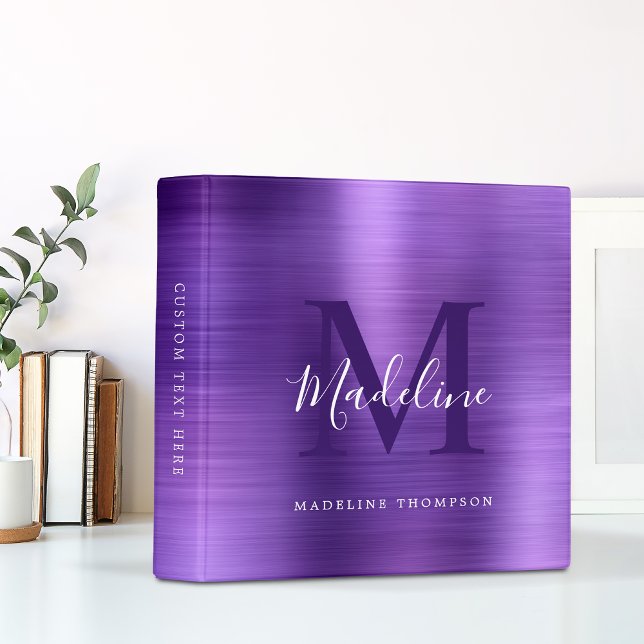 Modern Brushed Metallic Purple Monogram 3 Ring Binder (Creator Uploaded)