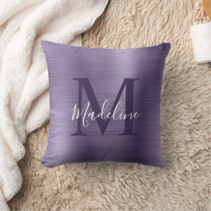 Modern Brushed Metallic Purple Monogram Throw Pillow