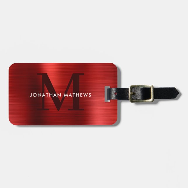 Modern Brushed Metallic Red Monogram Luggage Tag (Front Horizontal)