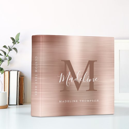 Modern Brushed Metallic Rose Gold Monogram 3 Ring Binder