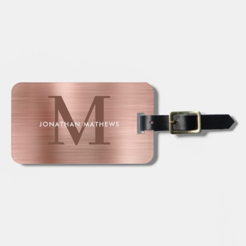 Modern Brushed Metallic Rose Gold Monogram Luggage Tag