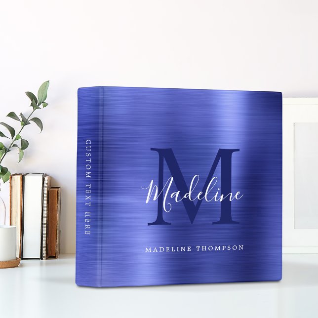 Modern Brushed Metallic Royal Blue Monogram 3 Ring Binder (Creator Uploaded)