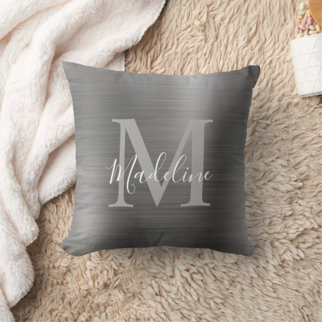 Modern Brushed Metallic Silver Gray Monogram Throw Pillow (Blanket)