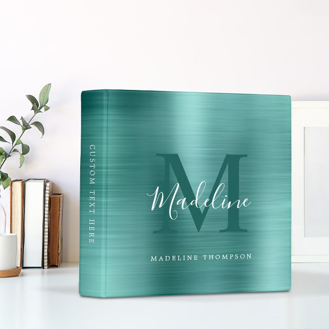 Modern Brushed Metallic Teal Monogram 3 Ring Binder (Creator Uploaded)