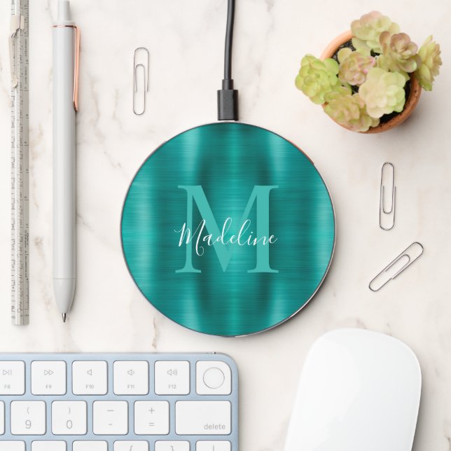 Modern Brushed Metallic Teal Monogram Script Wireless Charger (Desk)