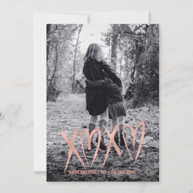 Modern Brushed Rose Gold Valentine Photo Card (Front)
