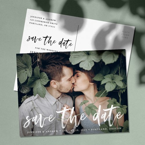 Modern Brushed Script Photo Save The Date Announcement Postcard