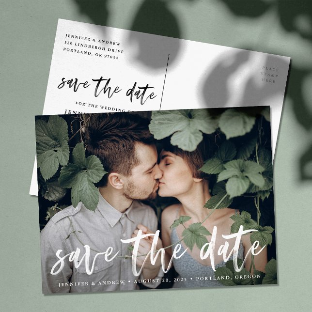 Modern Brushed Script Photo Save The Date Announcement Postcard (Creator Uploaded)