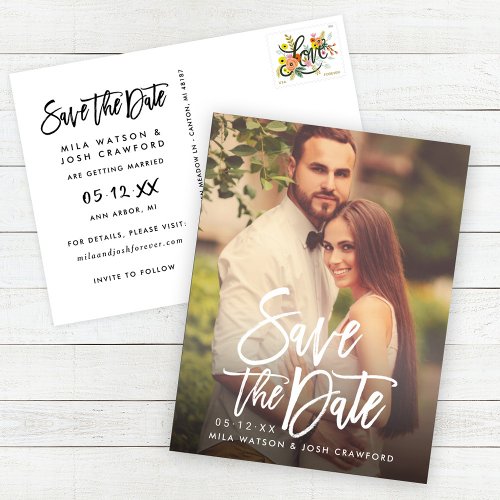 Modern Brushed Script Wedding Photo Save the Date Announcement Postcard