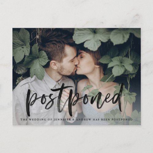 Modern Brushed Script Wedding Postponement Announcement Postcard