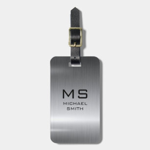 Modern Brushed Silver Metal Monogram Name Luggage Tag