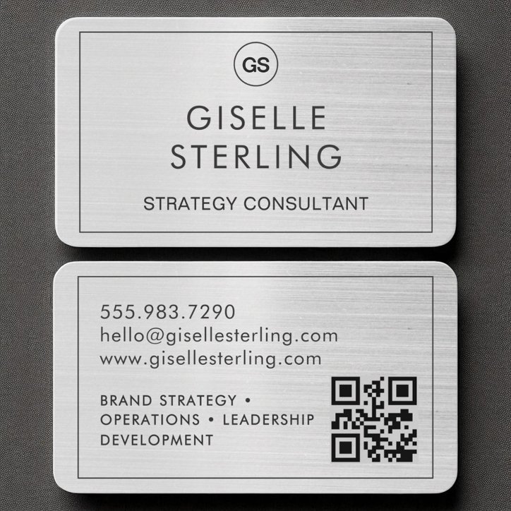 Modern Brushed Silver Monogram QR Code Business Card