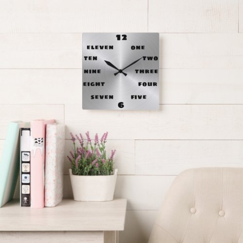 Modern Brushed Steel Black Word Numeral Face  Square Wall Clock