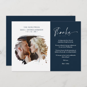 Modern Brushstoke Photo Newlyweds Couple Wedding Thank You Card