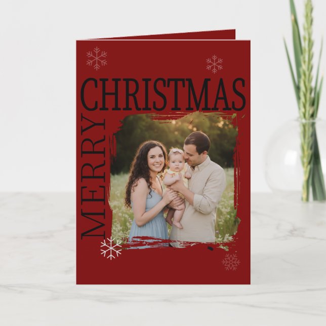 Modern Brushstroke Family Photo Merry Christmas  Holiday Card (Front)