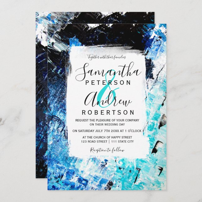 Modern brushstroke navy blue acrylic beach wedding invitation (Front/Back)