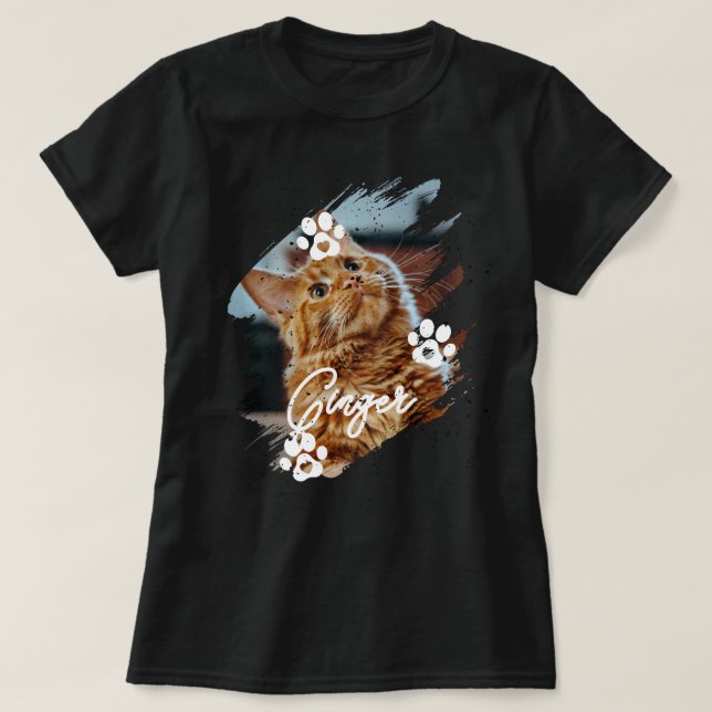 Modern Brushstroke Pet Cat Photo & Name T-Shirt (Design Front)