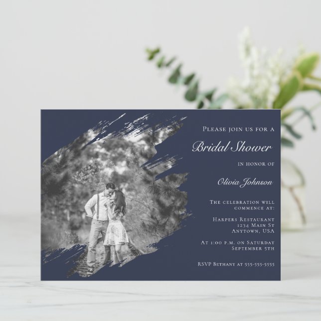 Modern Brushstroke Photo Bridal Shower Navy Blue Invitation (Standing Front)