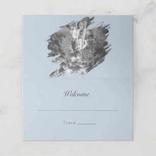Modern Brushstroke Photo Wedding Blue Place Card
