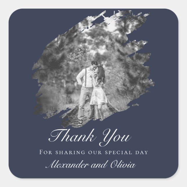 Modern Brushstroke Photo Wedding Favor Navy Blue Square Sticker (Front)