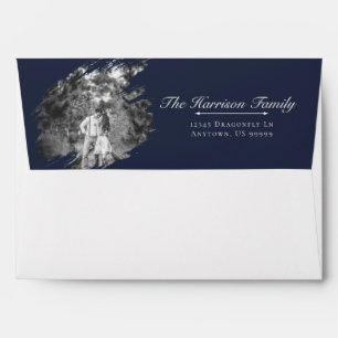 Modern Brushstroke Photo Wedding Navy Blue Envelope